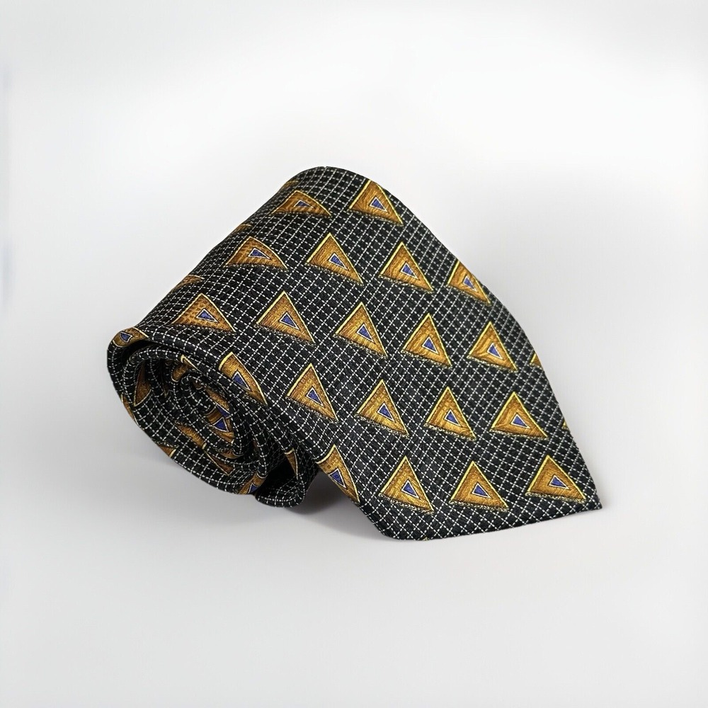 Neiman Marcus Mens Neck Tie Gold Triangle Geometric Pattern Blue 100% Silk 58x4